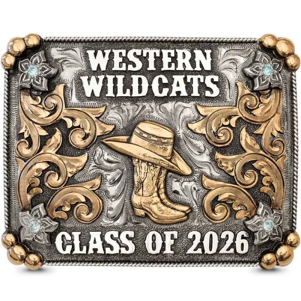 A custom square belt buckle for Davenport High with personalized name and initials, adorned with bronze scrolls and flowers 